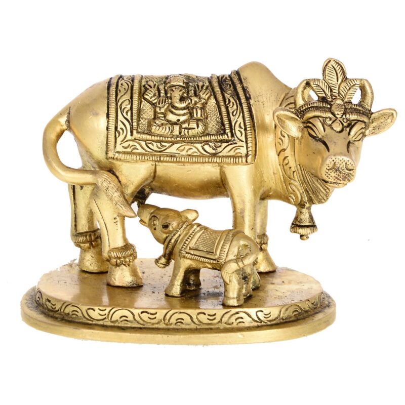 Two Moustaches Brass Holy Kamdhenu Cow and Calf Sculpture, Standard, Pack of 1