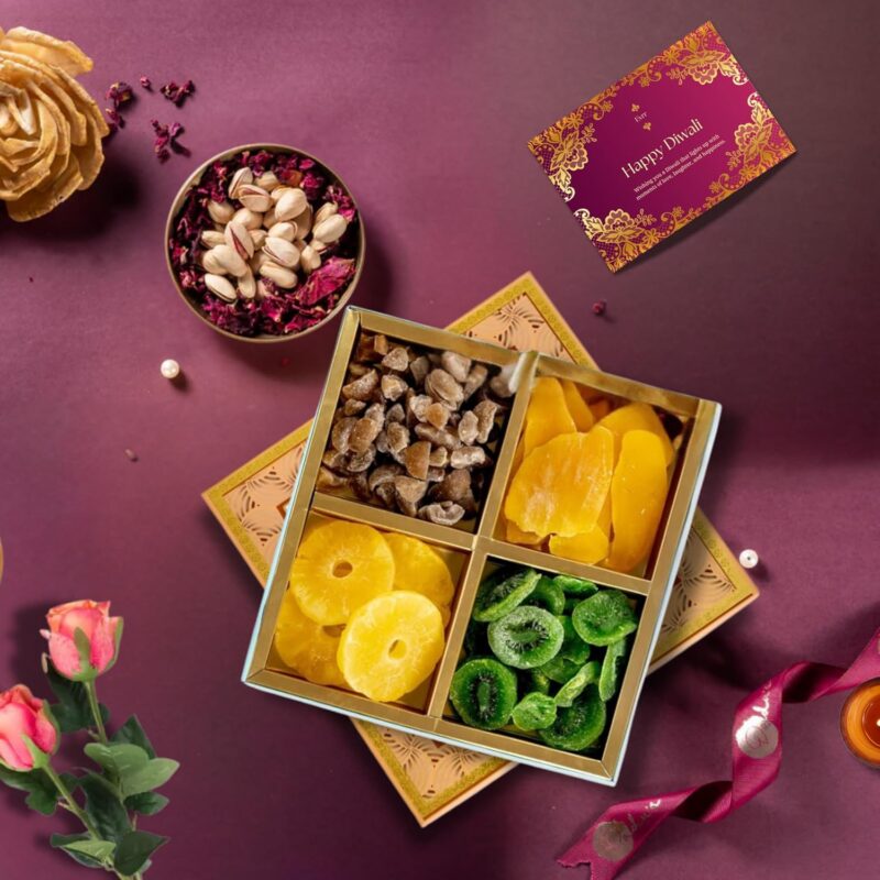 Evrr Premium Dry Fruits Gift Box - Dried Mango, Pineapple, Kiwi, Awla Candy (100g X 4) Perfect for Diwali Gifting Assorted Nuts & Dry Fruits | Festive Gift Hamper for Family & Friends combo gift pack