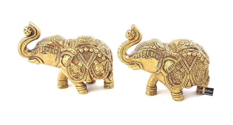 Two Moustaches Handmade Ethnic Indian Brass Elephant Pair Decor Showpiece, Standard, Golden, 2 Units