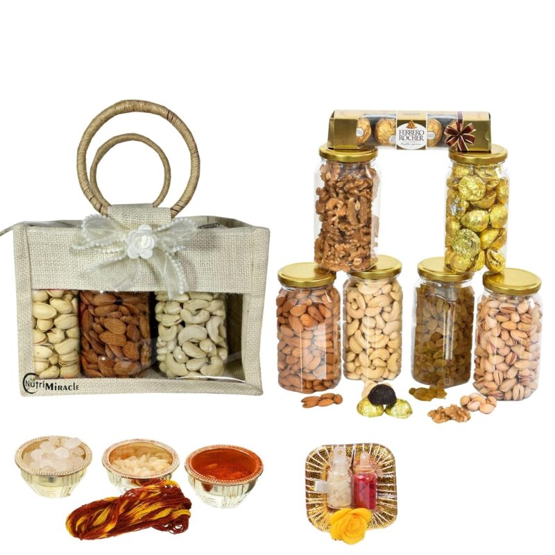 NUTRI MIRACLE Premium Bhaidooj Gift Hamper with Dry Fruits, Chocolates & Tilak | Festive Gift Pack in Jute Bag