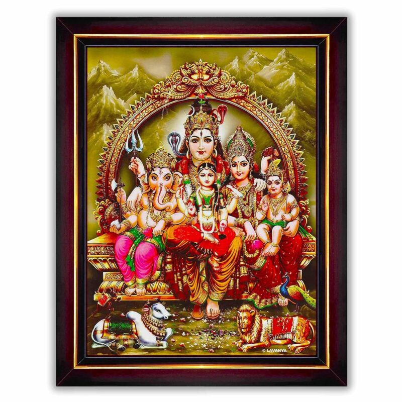 Pavan Photo Laminations Shiv Parivar Family Siva Parvati Lord Shiva Wall Painting Framed Home Decor (Wood,Matte,Brown,Small Size,6 x 8 Inch) B153S