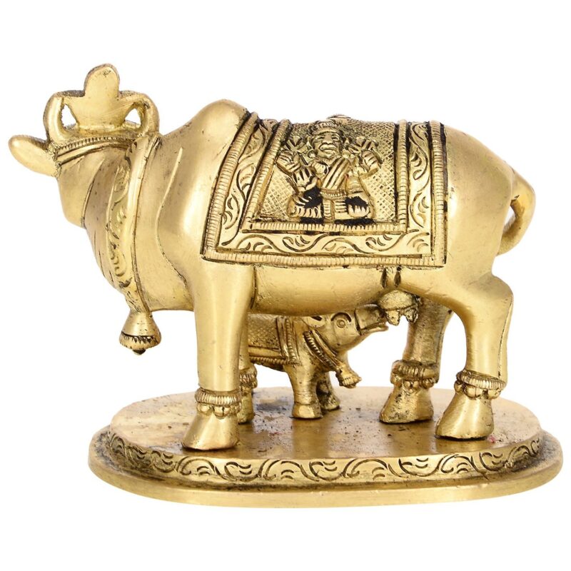 Two Moustaches Brass Holy Kamdhenu Cow and Calf Sculpture, Standard, Pack of 1