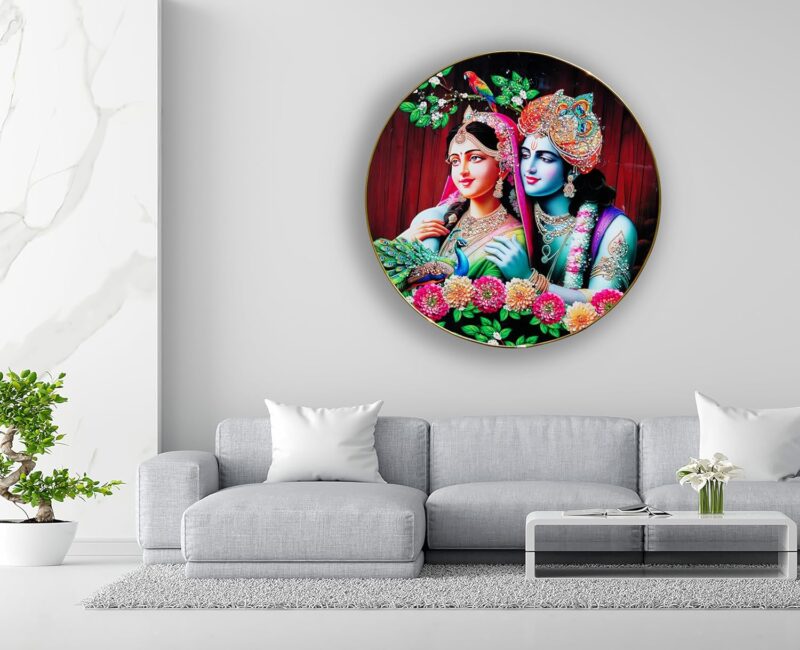 DECOR DADDY Large Round Radha Krishna Painting – Modern Crystal Art, Hindu God Wall Decor, Spiritual Home Decor (24x24 Inch)