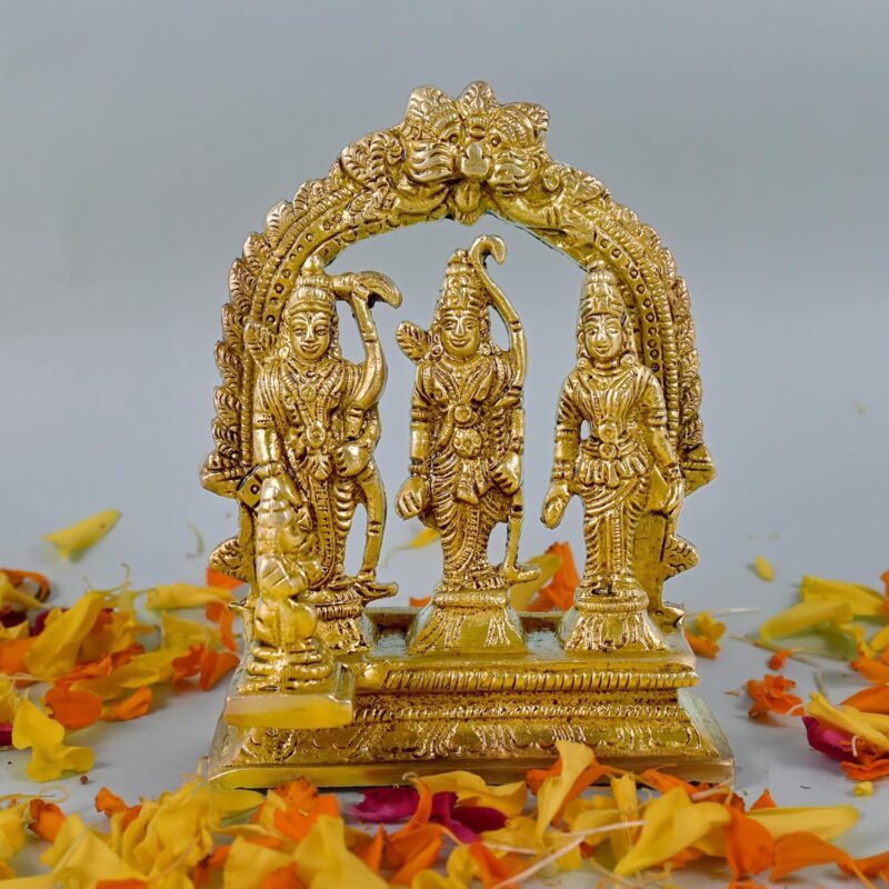 CRAFTHUT Ram Darbar Brass Murti Statue for Pooja Room & Gift, Religious Idol Figurine for Home & Office Decor, Hindu Lord Ram with Laxman and Goddess Sita Devi (L-7cm x B-2.5cm x H-9cm, 230 g)