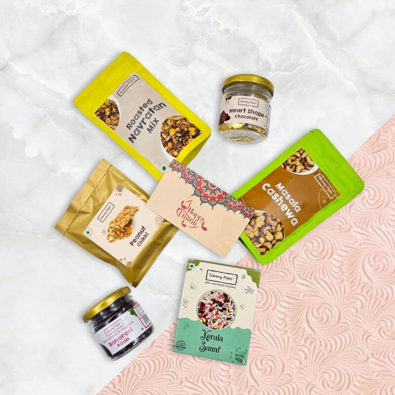 Tummy Pops Diwali Gift Hamper | Assorted Healthy Gourmet Snacks Combo Box of Mukhwas, Dryfruits, Chocolates, Snacks, Peanut Chikki with Greeting Card | Corporate Gift Hamper | Festive Hamper