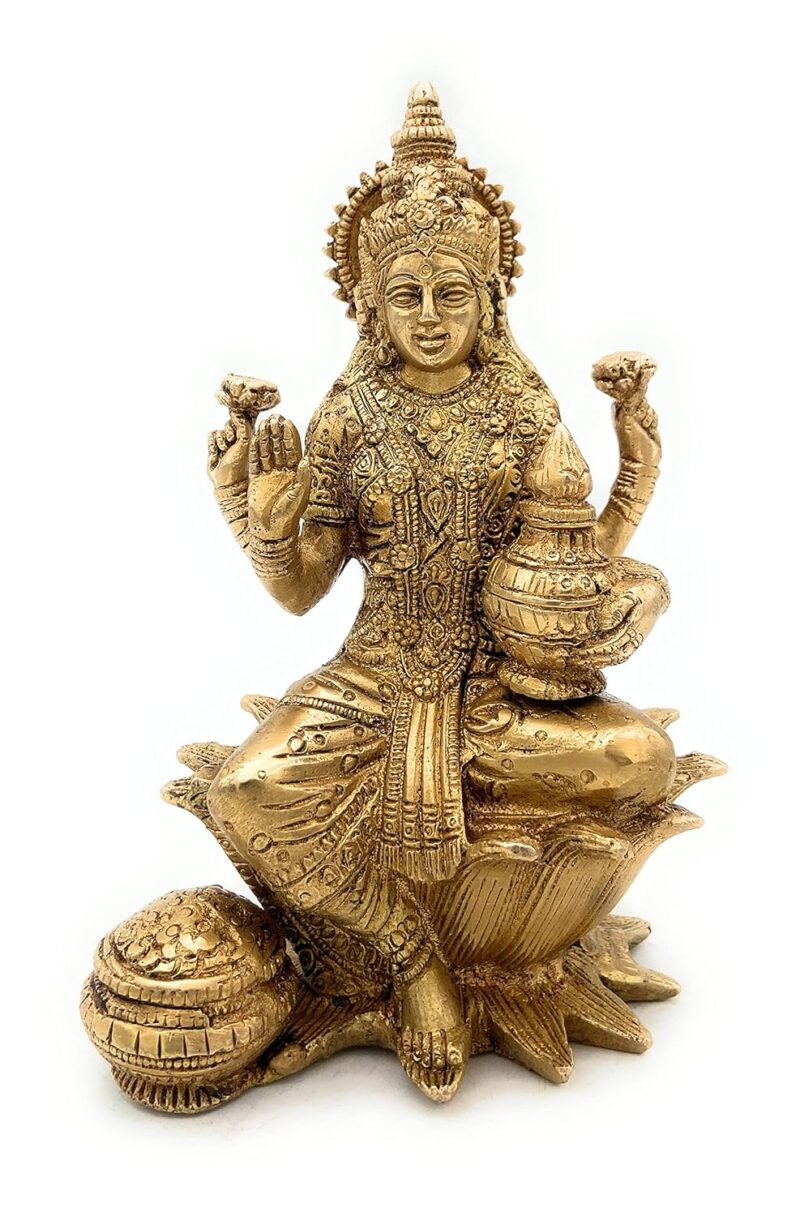 Bhunes Brass Goddess Laxmi Idol, Lakshmi Statue Sitting On Lotus, Maha Laxmi Ji Ki Murti for Home Puja Decor Silai,Gold, 6 Inch, 1 Piece