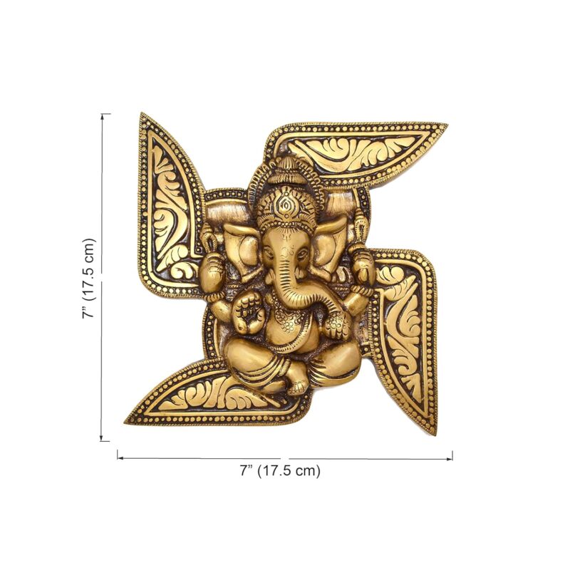 Two Moustaches Brass Ganesha Swastika Wall Hanging, Brass Ganesha for Decor (7 x 7 Inches, Yellow)