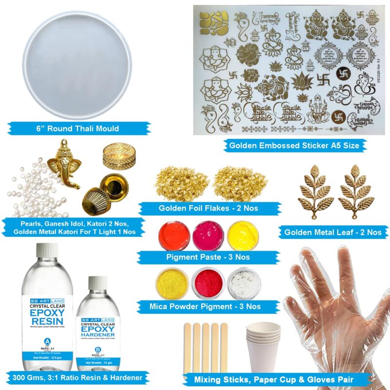 SS Art Land DIY Resin Art Pooja Thaali Making Kit with 200 Grams Crystal-Clear Epoxy Resin, 6" Round Thali Silicone Mould, Sticker, Pigments, Mica, Combi Glitter & More for Beginners & Professional