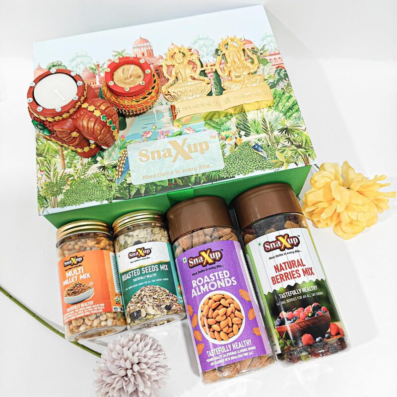 Snaxup Regal Festive Diwali Gift Hamper Box - 8 Pack -Brass Laxmi & Ganesh 1, Elephant Diya 1, Matki Diya 1, Natural Berries Mix, Roasted Almond, Roasted Multimillet Mixture, Roasted Seeds Mix & Diwali Greeting Card