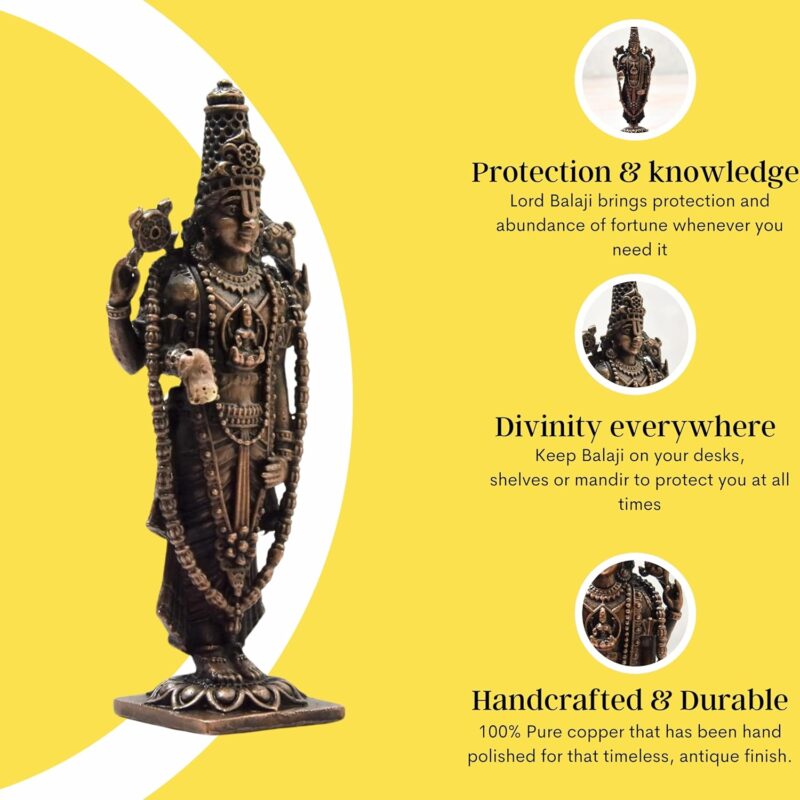 Copper Idols India - By Bhimonee Decor , 3.25 inches, Handmade Copper Balaji Idol Spl, 80 Grams, Patina Antique Finish, Pack of 1 Piece