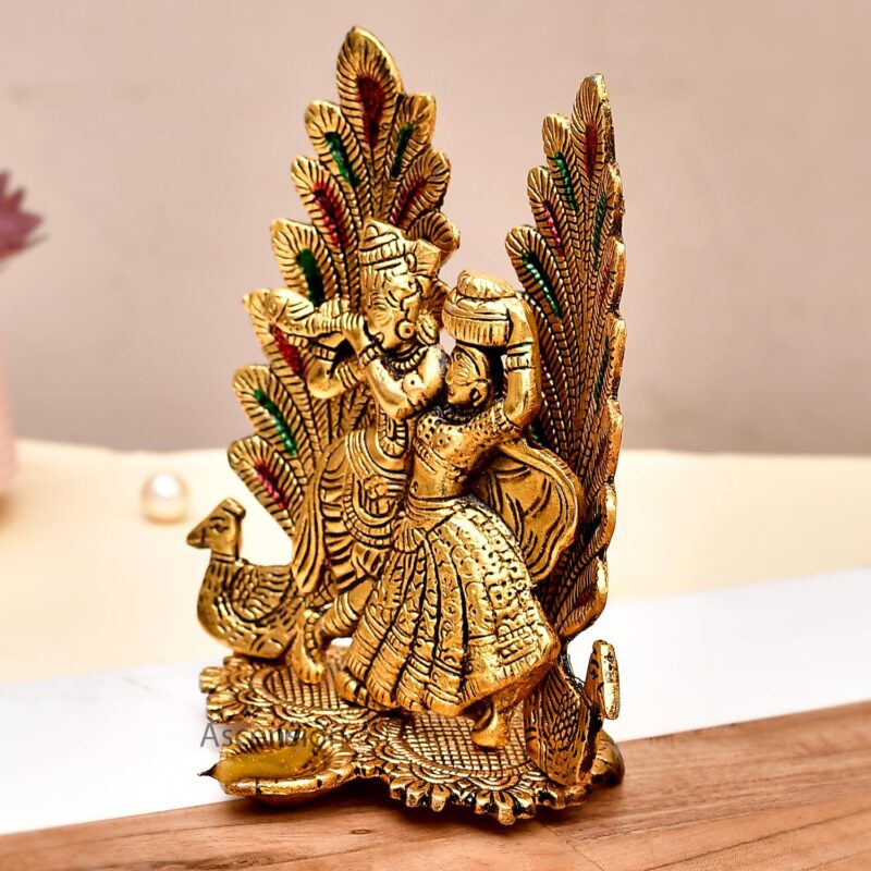 ascension Metal Peacock Design Radha Krishna Idol Decorative Showpiece Statue for Puja Room Home Office Desk Decoration Gift Items (7 x 5 Inches) Gold