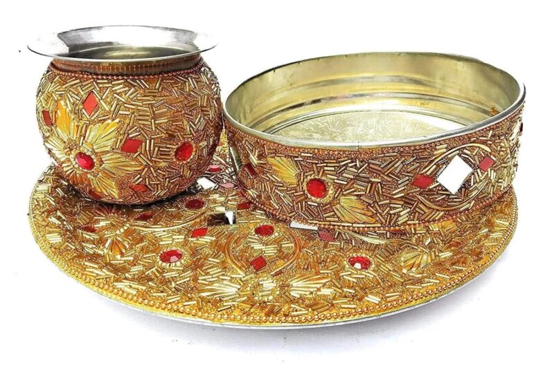 R G R Decorative Golden Stainless Steel KarwaChauth Pooja Thali Set Combo with 11 Pooja Samagri Kit -Karva Chauth Pooja Puja Thali-Traditional Karvachauth Gift for Wife Sister Mother Women