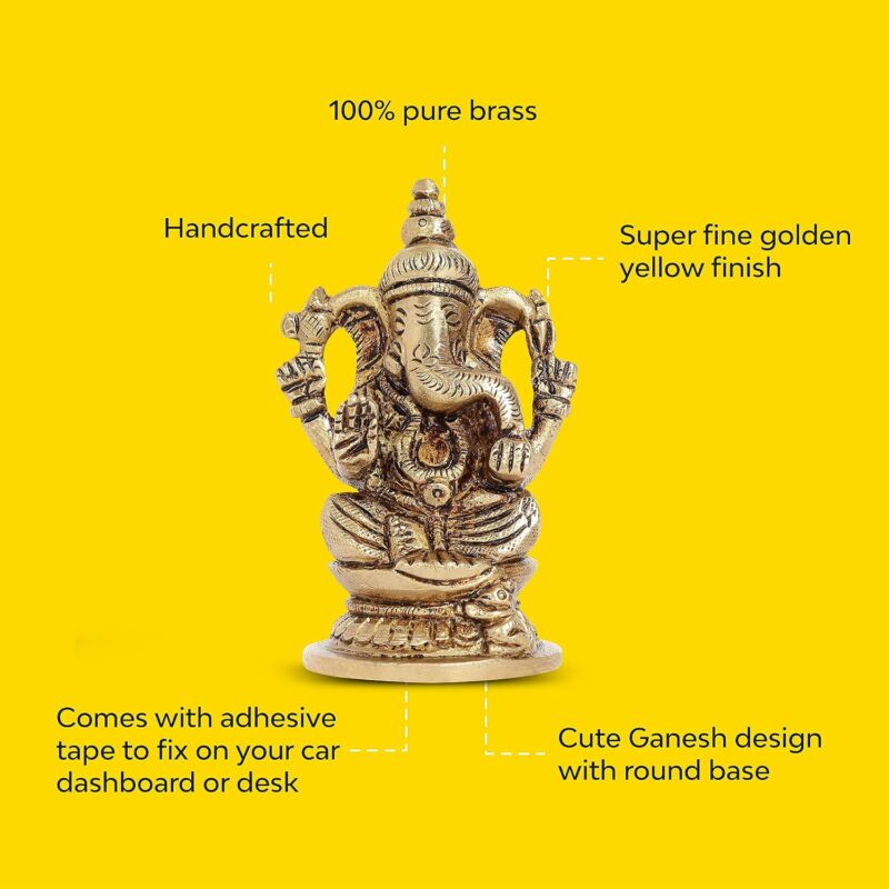 10Club 100% Pure Brass Lord Ganesha Idol for Home | 6.8 CM | Ganesh Murti | Unique Design for Desk, Car, and Home Decor | Yellow Antique Finish