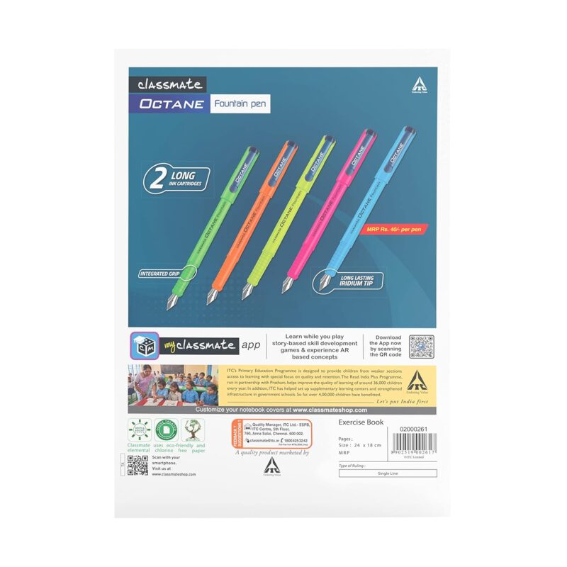 Classmate Notebook - Single Line, 120 Pages, 240 mm x 180 mm - Pack Of 4 [Cover page design might vary]