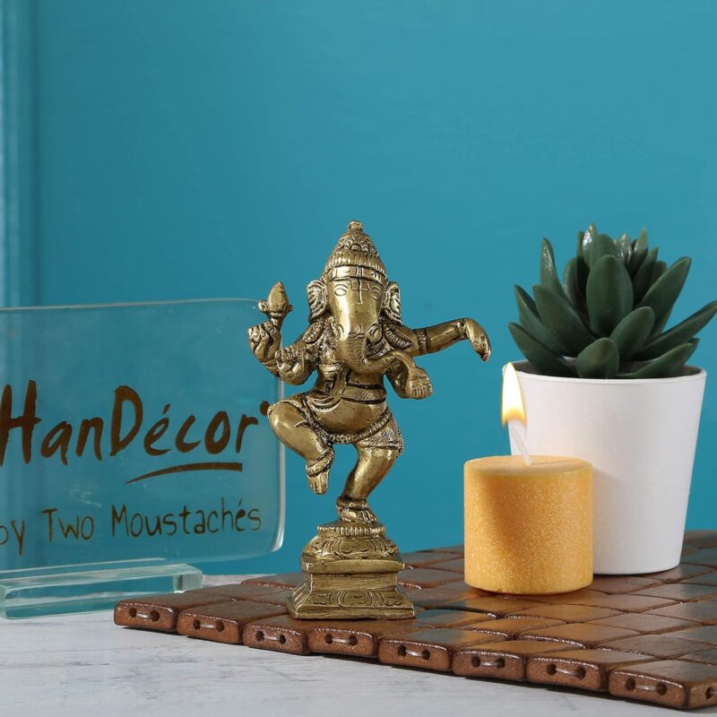 Two Moustaches Brass Dancing Ganesha Decor Idol for Home Temple, Ganesha Statue for Home, Lord Ganesha Statue, Size - 4.5 Inches, Standard, Pack of 1