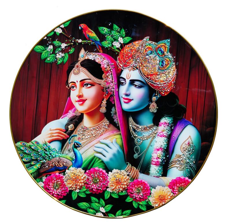 DECOR DADDY Large Round Radha Krishna Painting – Modern Crystal Art, Hindu God Wall Decor, Spiritual Home Decor (24x24 Inch)