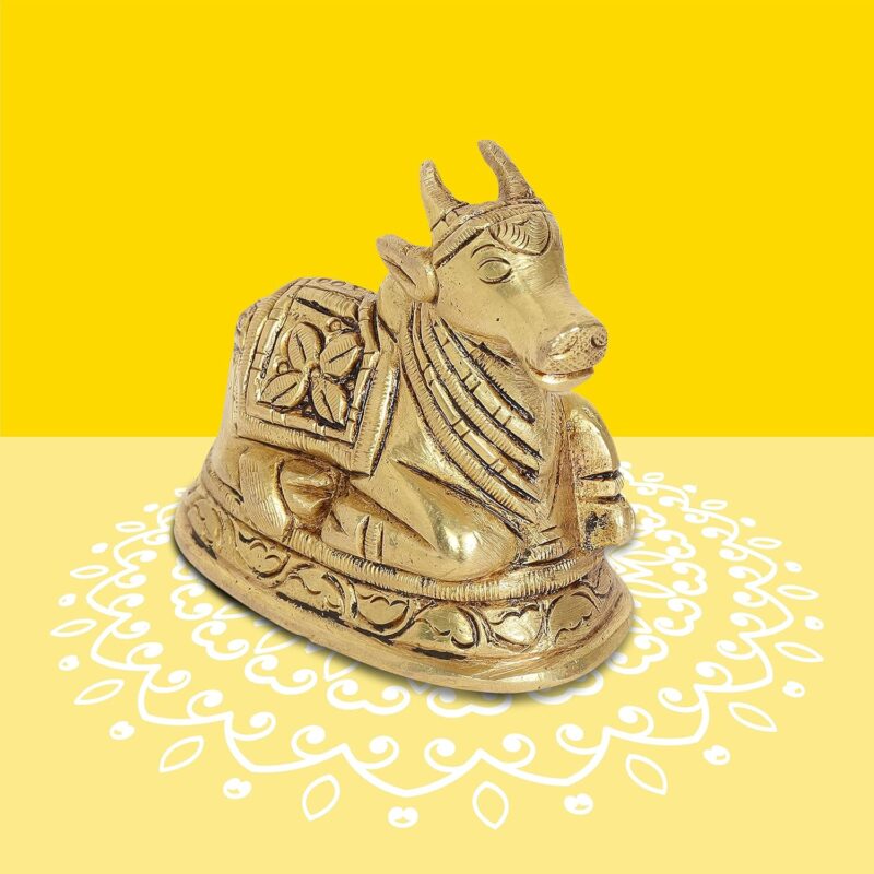 10Club Lord Nandi Idol - 1Pc (6.8 cm, 300 Grams) - 100% Pure Brass | Nandi Idol for Pooja, Desk, Car, Home Decor and Gifting | Yellow Antique Finish