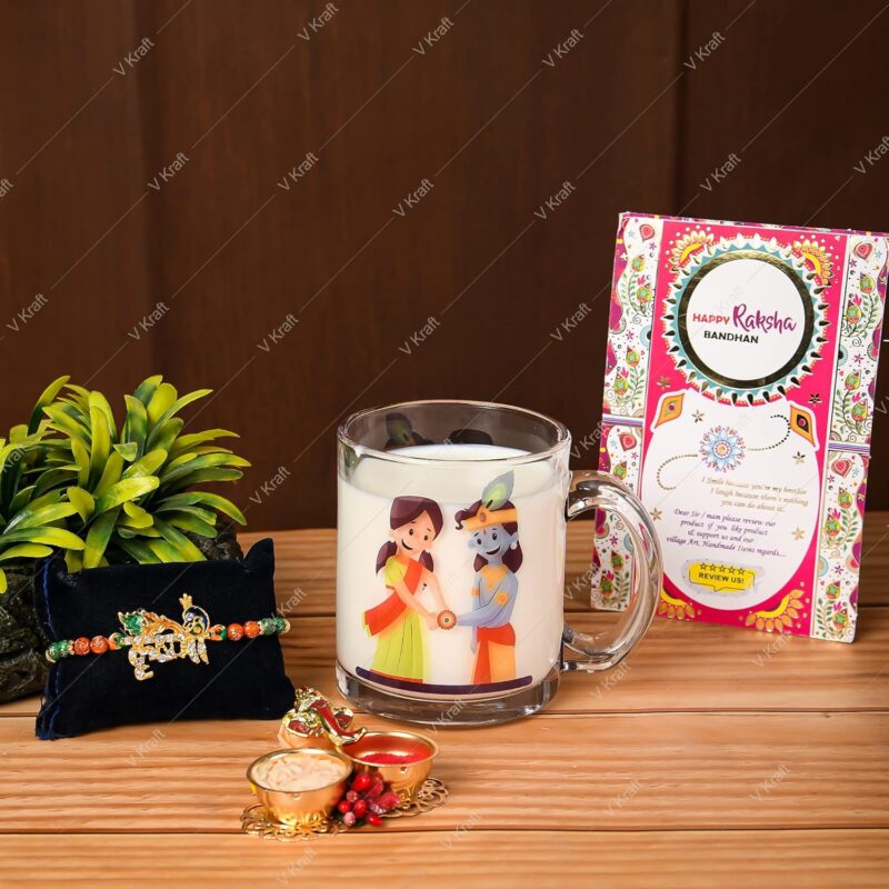 V Kraft " Happy RAKSHABANDHAN Krishna Theme Printed Coffee Mug with Designer Rakhi for bro,bhaiya with roli chawal for Tilak and Rakhi Special Wishes Card |330 ml