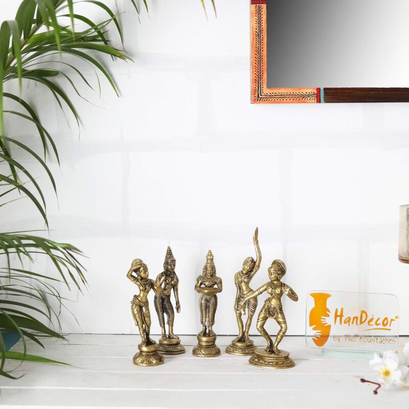 Two Moustaches Brass Apsara Showpieces - Set of 5 Statues, Decorative Items for Home, Show Pieces for Home Decor, Gifts for House Warming Ceremony, Ethnic Home Decor, Standard, Pack of 5