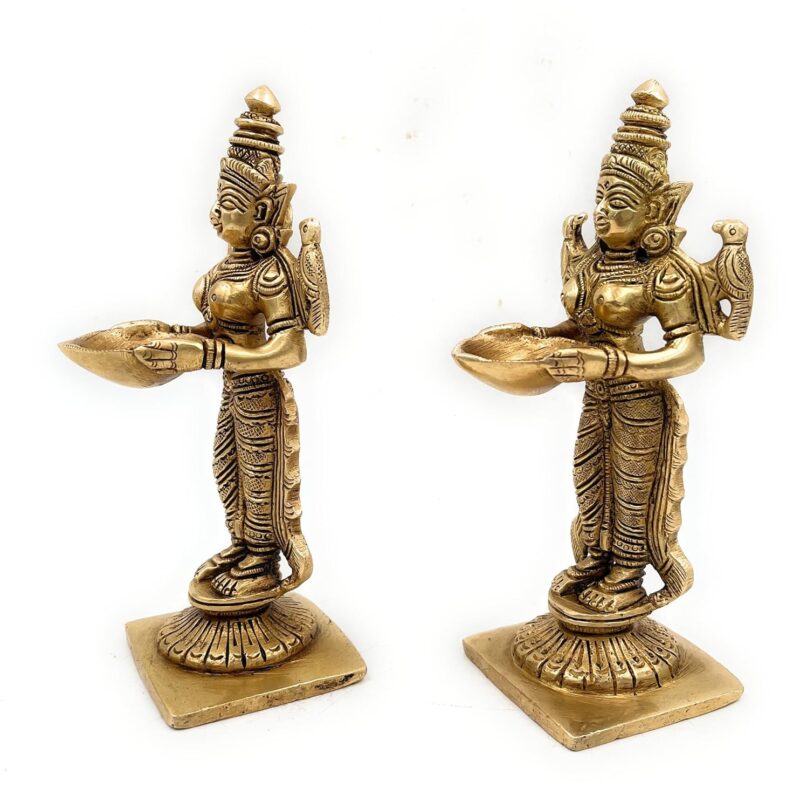 Bhunes Brass Deep Lakshmi Idols, Diya Lady Brass, Depa Laxmi Lady Standing with Lamps, Deeplakshmi, Deep Laxmi Set of 2,Gold, 6 Inch, 1 Piece