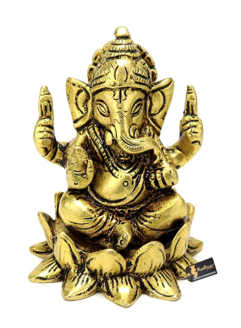 Two Moustaches Brass Ganesha on Lotus Showpiece, Ganesha Murti, Ganesha Idol for Home, Ganesha Statue for Home Temple, Standard, Pack of 1