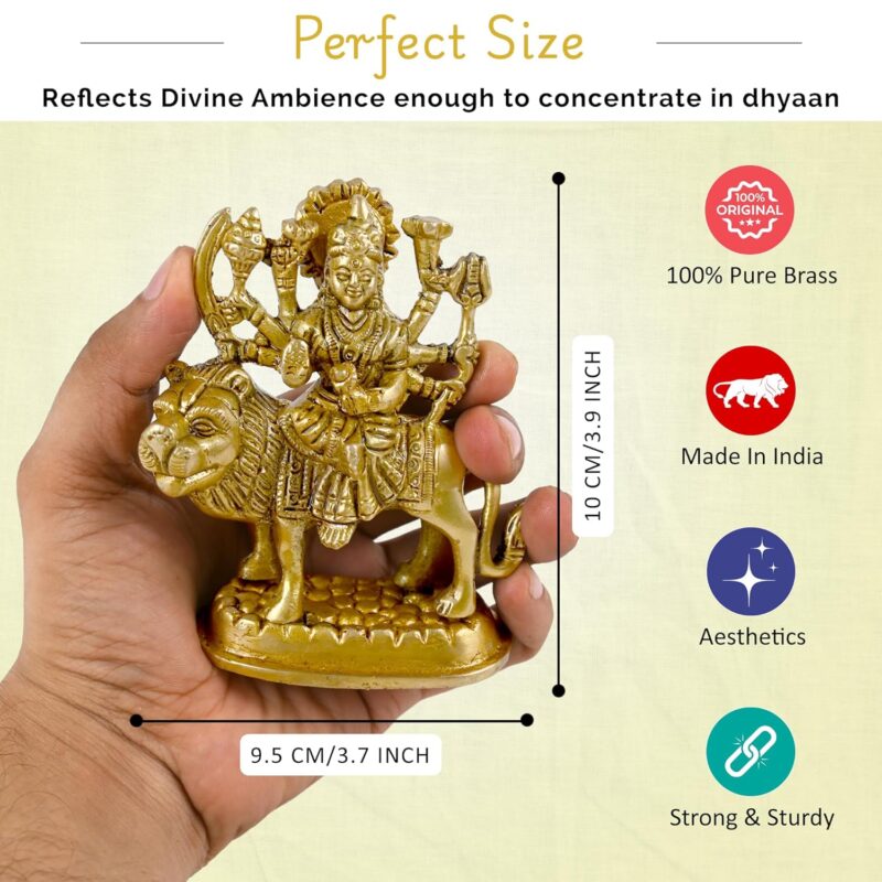 CRAFTHUT Brass Sherawali MATA Idol - Goddess Durga Statue for Mandir Pooja, Religious Gift Figurine (4.25 x 3.75 x 2 Inches, 450g)