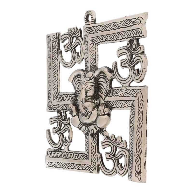 Artisyn Silver Lord Ganesha On Om Swastik Symbol Metal Wall Hanging - Exquisite Hindu God Figurine for Home, Temple, Office, Sacred Spaces - Gift for Housewarming, Festive Occasions