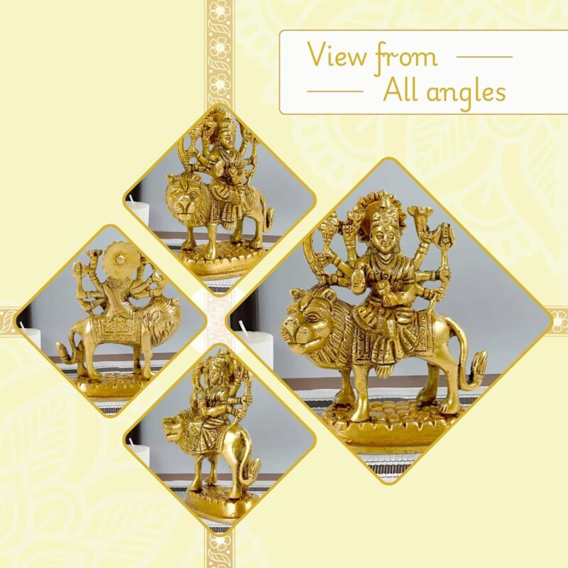 CRAFTHUT Brass Sherawali MATA Idol - Goddess Durga Statue for Mandir Pooja, Religious Gift Figurine (4.25 x 3.75 x 2 Inches, 450g)