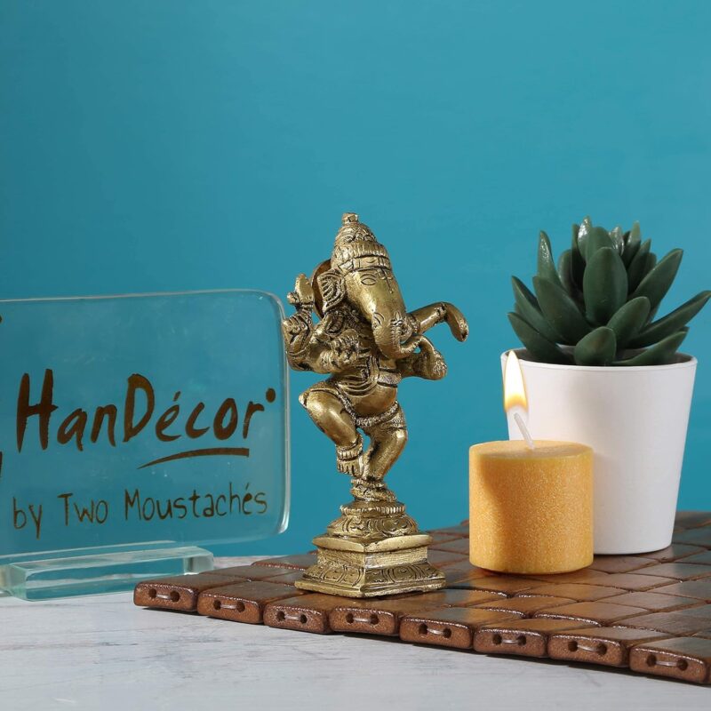 Two Moustaches Brass Dancing Ganesha Decor Idol for Home Temple, Ganesha Statue for Home, Lord Ganesha Statue, Size - 4.5 Inches, Standard, Pack of 1