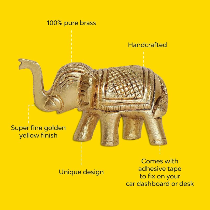 10Club Elephant Idols - 2 Piece (5L X 3H cm,400 Grams) - 100% Pure Brass | Pair of Elephant Idols for Desk, Car, and Home Decor | Yellow Antique Finish - Ideal for Gifting