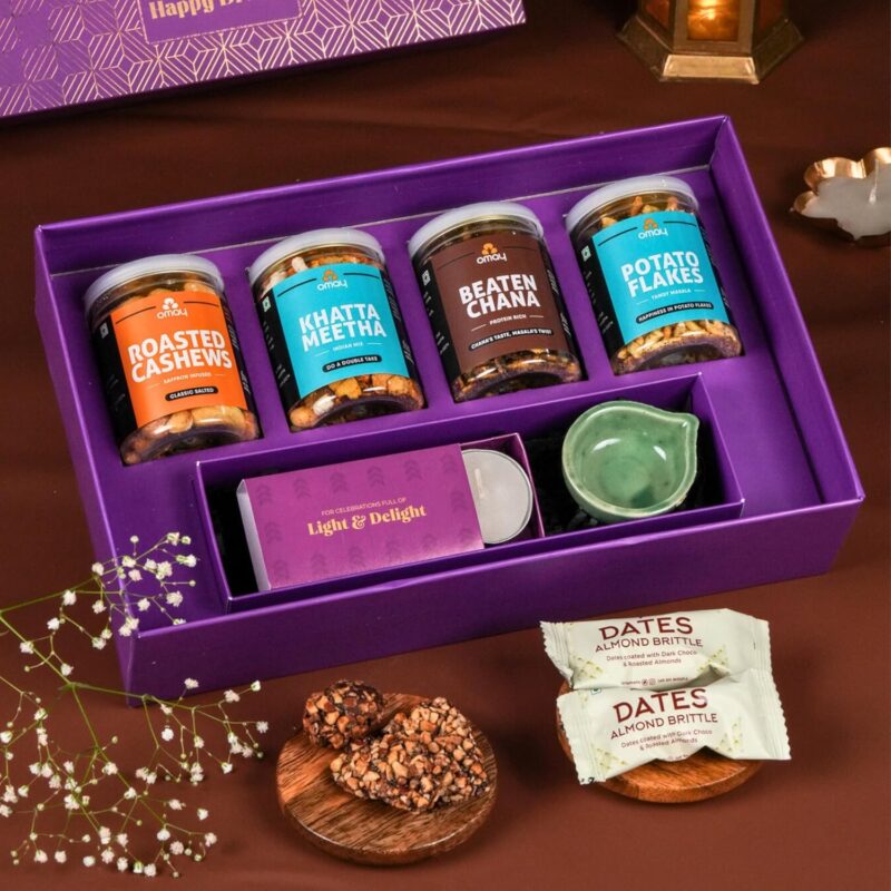 Omay Foods 9 Pcs_Festive Feast Diwali Gift Box l Diwali Gifts I Diwali Gift Hamper I Corporate Diwali Gifts I Healthy Snacks I Premium Dry-fruits I Diwali Candles, Diya I Gourmet Gift Hamper I Festive Hamper I Premium Diwali Gift Hamper