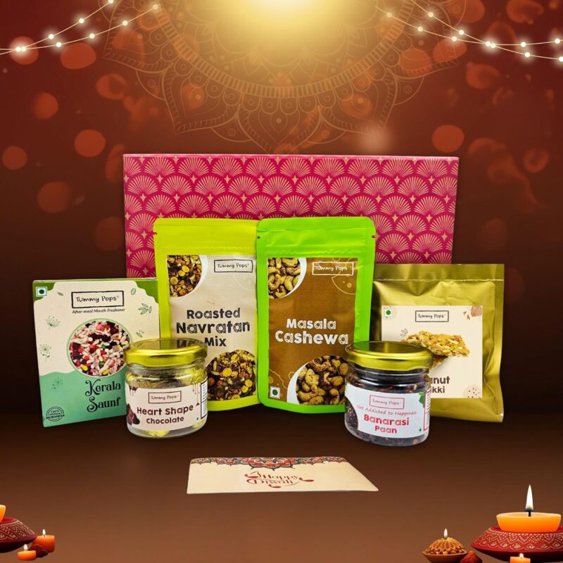 Tummy Pops Diwali Gift Hamper | Assorted Healthy Gourmet Snacks Combo Box of Mukhwas, Dryfruits, Chocolates, Snacks, Peanut Chikki with Greeting Card | Corporate Gift Hamper | Festive Hamper