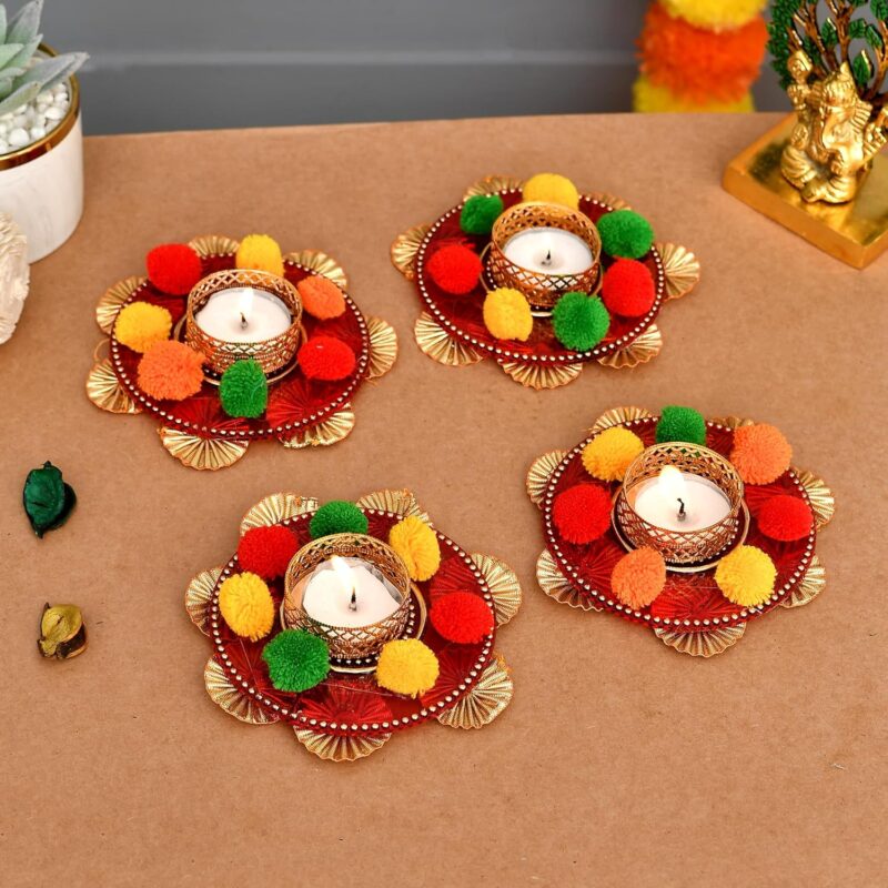 Collectible India Set of 4 Flower Design Diya Tea Light Candle Holder for Home Office Decoration Puja Articles Decor Gift TeaLight - Decorative tealight Candle Holder - Wedding Festive Decor Gift