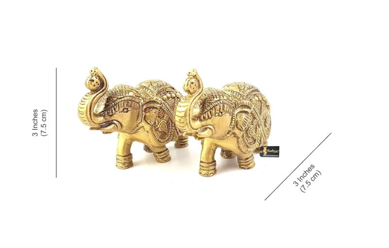 Two Moustaches Handmade Ethnic Indian Brass Elephant Pair Decor Showpiece, Standard, Golden, 2 Units