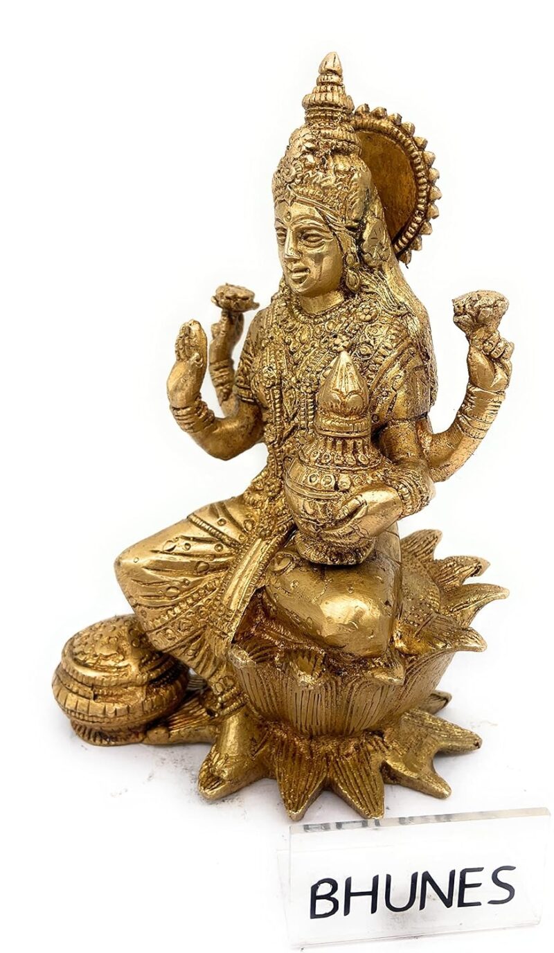 Bhunes Brass Goddess Laxmi Idol, Lakshmi Statue Sitting On Lotus, Maha Laxmi Ji Ki Murti for Home Puja Decor Silai,Gold, 6 Inch, 1 Piece