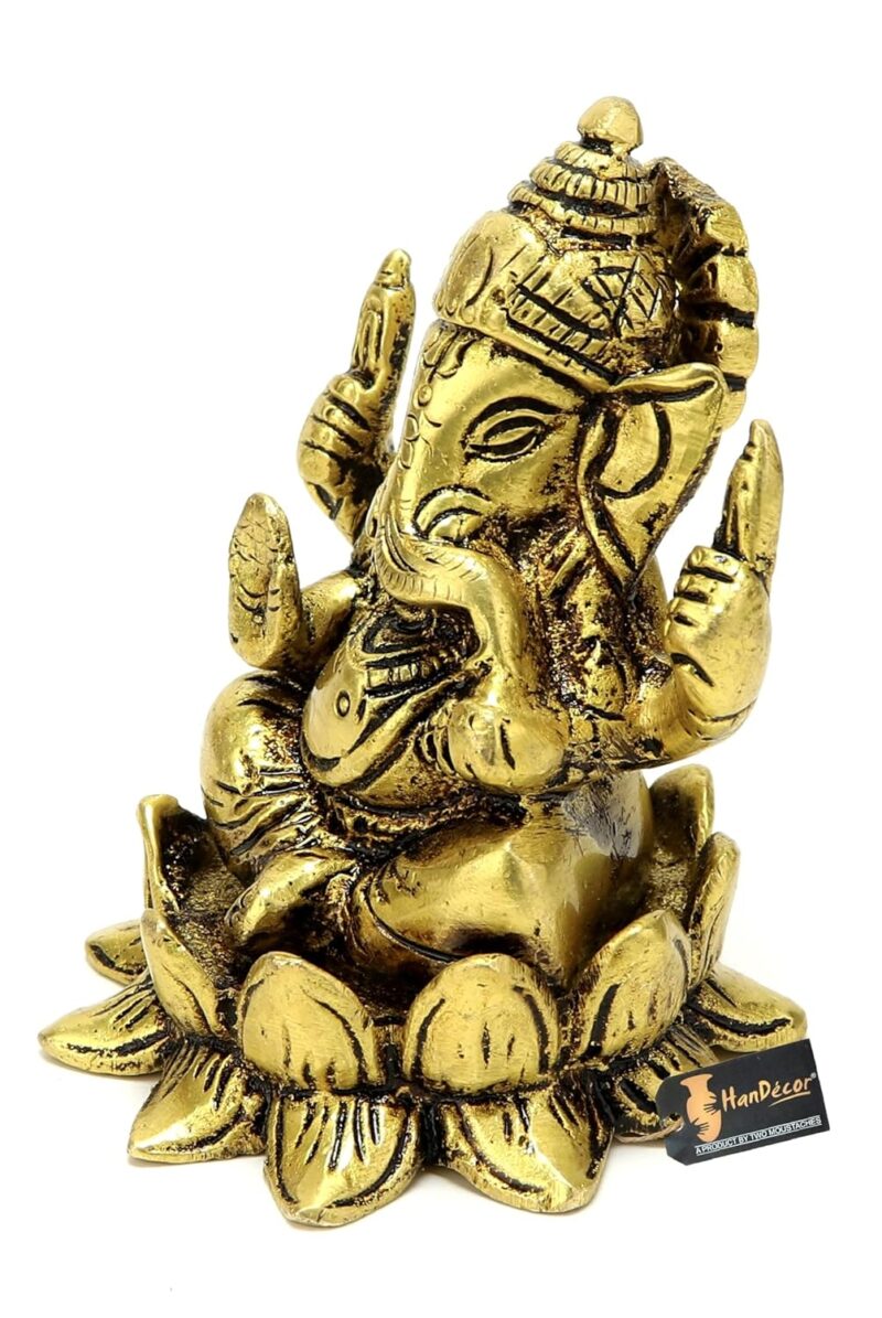 Two Moustaches Brass Ganesha on Lotus Showpiece, Ganesha Murti, Ganesha Idol for Home, Ganesha Statue for Home Temple, Standard, Pack of 1