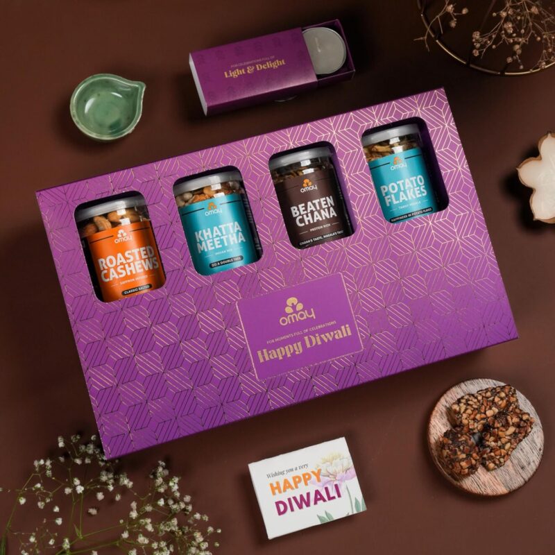 Omay Foods 9 Pcs_Festive Feast Diwali Gift Box l Diwali Gifts I Diwali Gift Hamper I Corporate Diwali Gifts I Healthy Snacks I Premium Dry-fruits I Diwali Candles, Diya I Gourmet Gift Hamper I Festive Hamper I Premium Diwali Gift Hamper