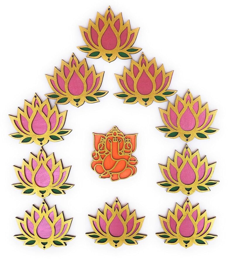 StepsToDo Lotus Flower Wooden Cutout. Set of 12. Each Lotus in 3 color Golden, Rose Pink and Green. Festive DIY Craft Material Kit. Decoration for Diwali, Dashera. For Pooja, Festival, Wedding Gift