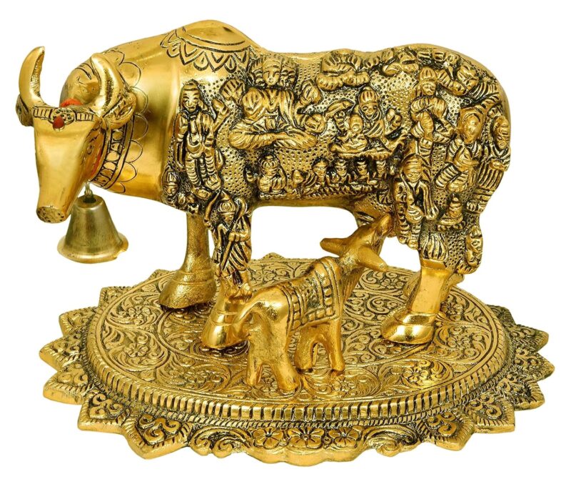 Nexplora Industries Pvt. Ltd. Metal Large Gold Elegant Kamdhenu Cow and Calf Idol Showpiece Statue, Length 24 cm, Gold Antique Finish