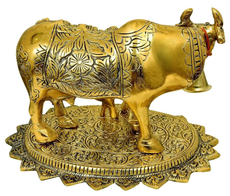 Nexplora Industries Pvt. Ltd. Metal Large Gold Elegant Kamdhenu Cow and Calf Idol Showpiece Statue, Length 24 cm, Gold Antique Finish