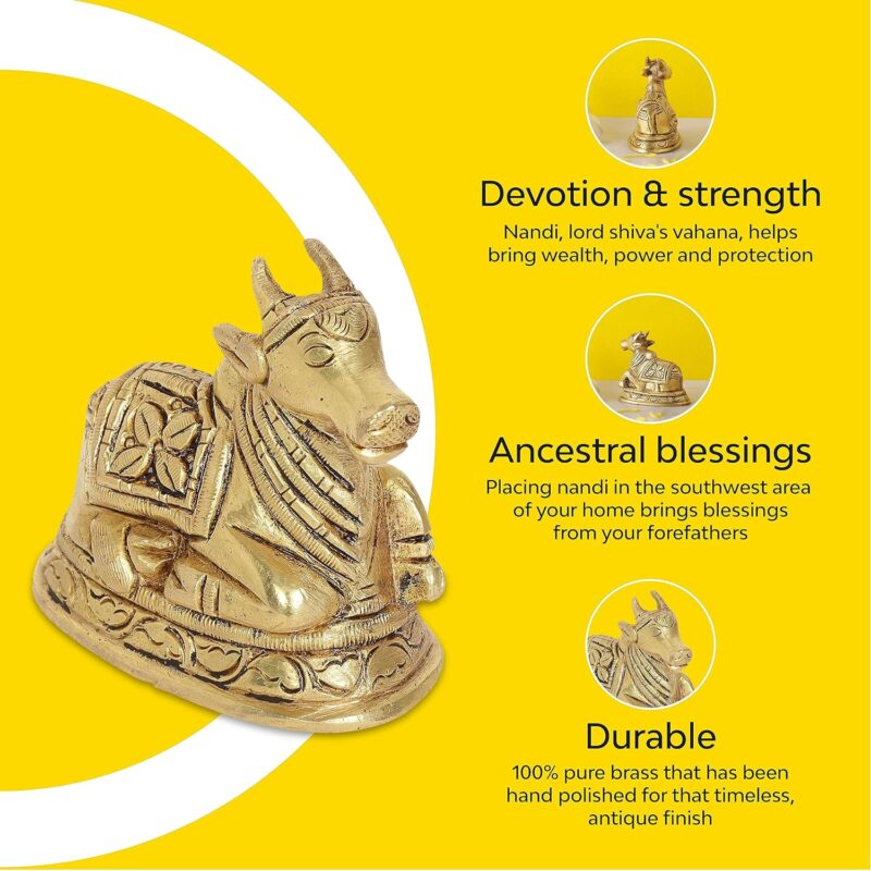 10Club Lord Nandi Idol - 1Pc (6.8 cm, 300 Grams) - 100% Pure Brass | Nandi Idol for Pooja, Desk, Car, Home Decor and Gifting | Yellow Antique Finish