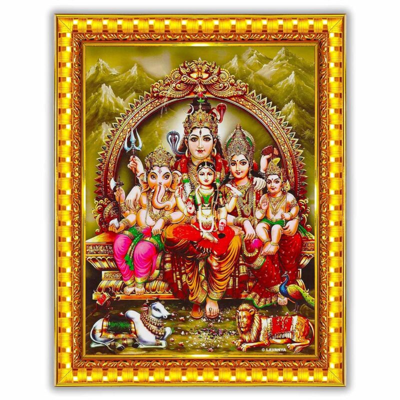 Pavan Photo Laminations Shiv Parivar Family Siva Parvati Lord Shiva Wall Painting Framed Home Decor (Wood,Matte,Gold,Small Size,6 x 8 Inch) R153S