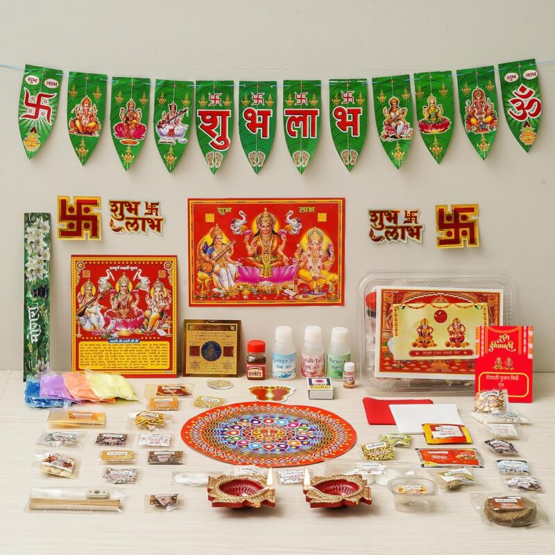 iinfinize 51 Items for Festival Pooja Samagri Ganesh Laxmi Pujan Kits Diwali Combo Item Traditional Worship Set Deepawali Gift Box