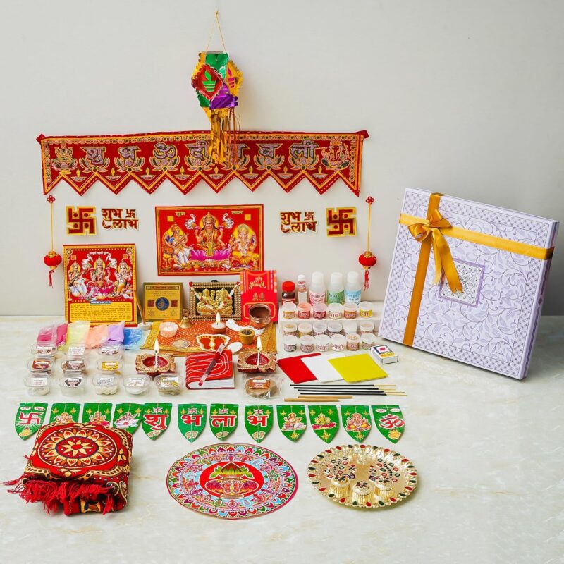 iinfinize Diwali Puja 101 Items Traditional Laxmi Mahalaxmi Home Office Puja Samagri Kit Sampurn Deewali Poojan Set Pooja Vidhi with Poster Premium Diwali Gift Hamper