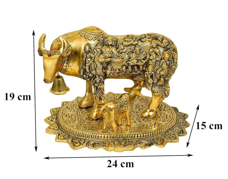 Nexplora Industries Pvt. Ltd. Metal Large Gold Elegant Kamdhenu Cow and Calf Idol Showpiece Statue, Length 24 cm, Gold Antique Finish