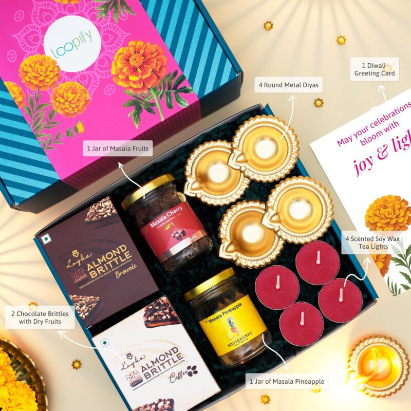 Loopify Festive Radiance Gift Hamper - Metal Lotus Diyas, Tea Lights, Chocolate Brittles, Jar of Masala Fruits,1 Greeting Card - Diwali Gift Hamper