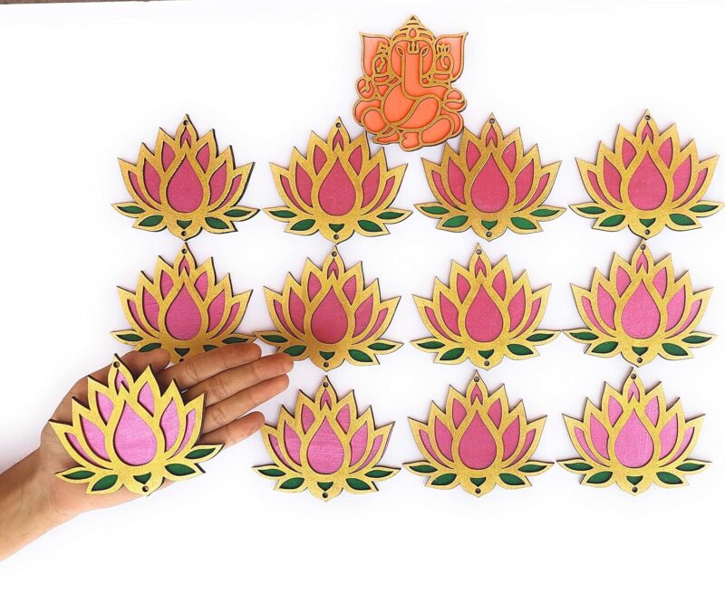 StepsToDo Lotus Flower Wooden Cutout. Set of 12. Each Lotus in 3 color Golden, Rose Pink and Green. Festive DIY Craft Material Kit. Decoration for Diwali, Dashera. For Pooja, Festival, Wedding Gift