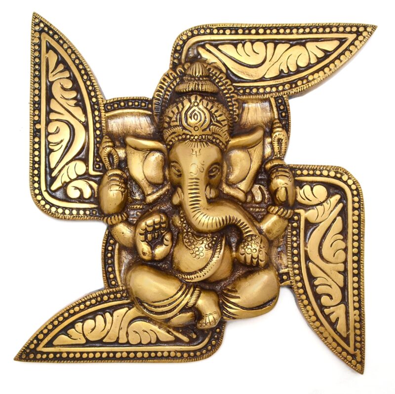 Two Moustaches Brass Ganesha Swastika Wall Hanging, Brass Ganesha for Decor (7 x 7 Inches, Yellow)