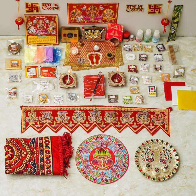 iinfinize Diwali Pooja Samagri Kits Mahalaxmi-Ganesh Puja Kit for Home and Office Sampurna Pujan Samagri Set 71 Puja Items for Special Festivals Premium Diwali Gift Hamper (71, Square)