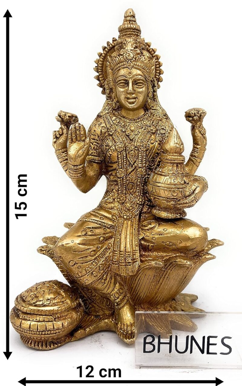 Bhunes Brass Goddess Laxmi Idol, Lakshmi Statue Sitting On Lotus, Maha Laxmi Ji Ki Murti for Home Puja Decor Silai,Gold, 6 Inch, 1 Piece